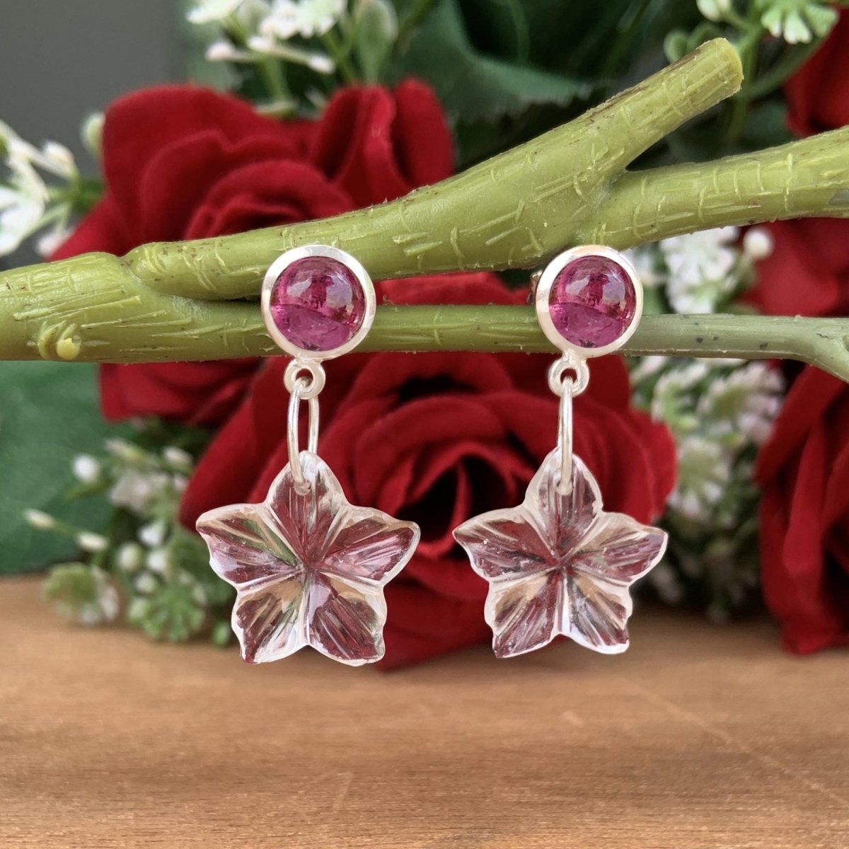 Pink Tourmaline & Carved Quartz Floral Dangle Earrings in 925 Sterling Silver - BeadsBoatInc