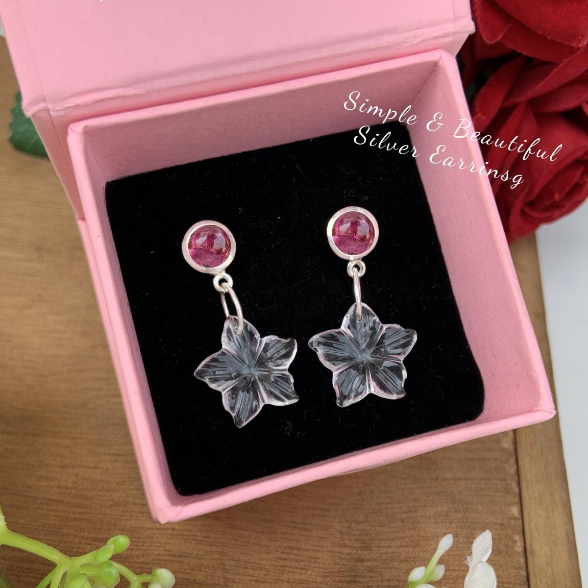 Pink Tourmaline & Carved Quartz Floral Dangle Earrings in 925 Sterling Silver - BeadsBoatInc
