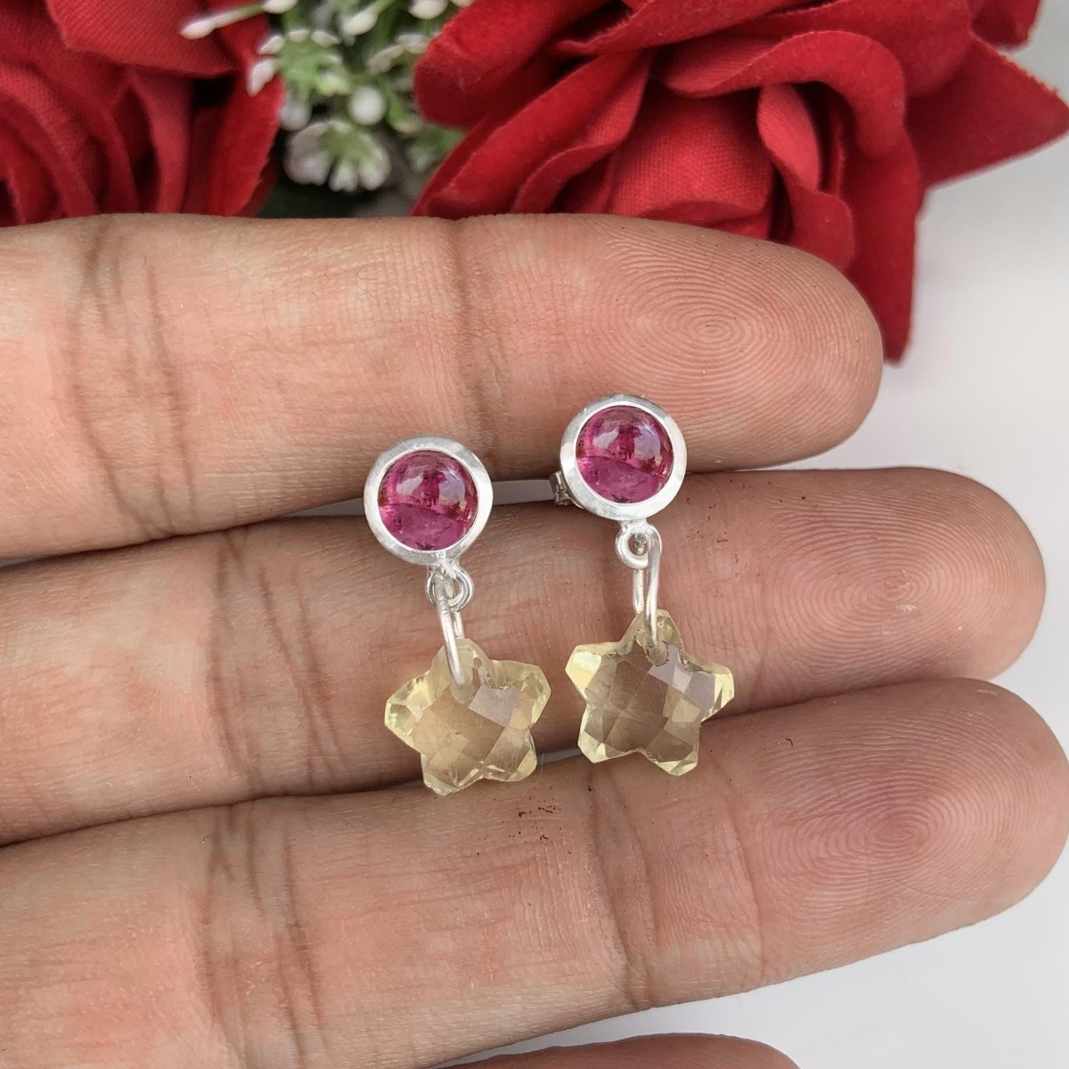 Pink Tourmaline & Lemon Quartz Dangle Drops - Star Shape 925 Silver Earrings for Women - BeadsBoatInc