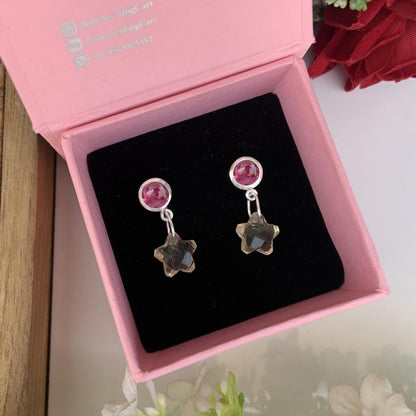 Pink Tourmaline & Lemon Quartz Dangle Drops - Star Shape 925 Silver Earrings for Women - BeadsBoatInc