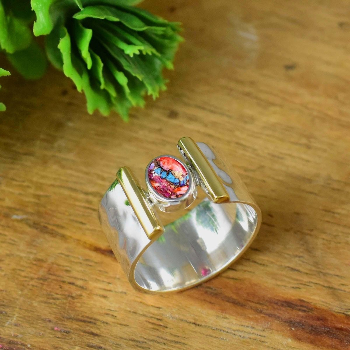 Pink Turquoise Ring Band By Bohosterlingcart, Birthstone Ring, Hammered Silver Ring, Wide Band Ring, Gift For Her, Wide Band Ring R - 0110 - BeadsBoatInc