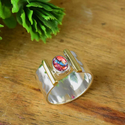 Pink Turquoise Ring Band By Bohosterlingcart, Birthstone Ring, Hammered Silver Ring, Wide Band Ring, Gift For Her, Wide Band Ring R - 0110 - BeadsBoatInc
