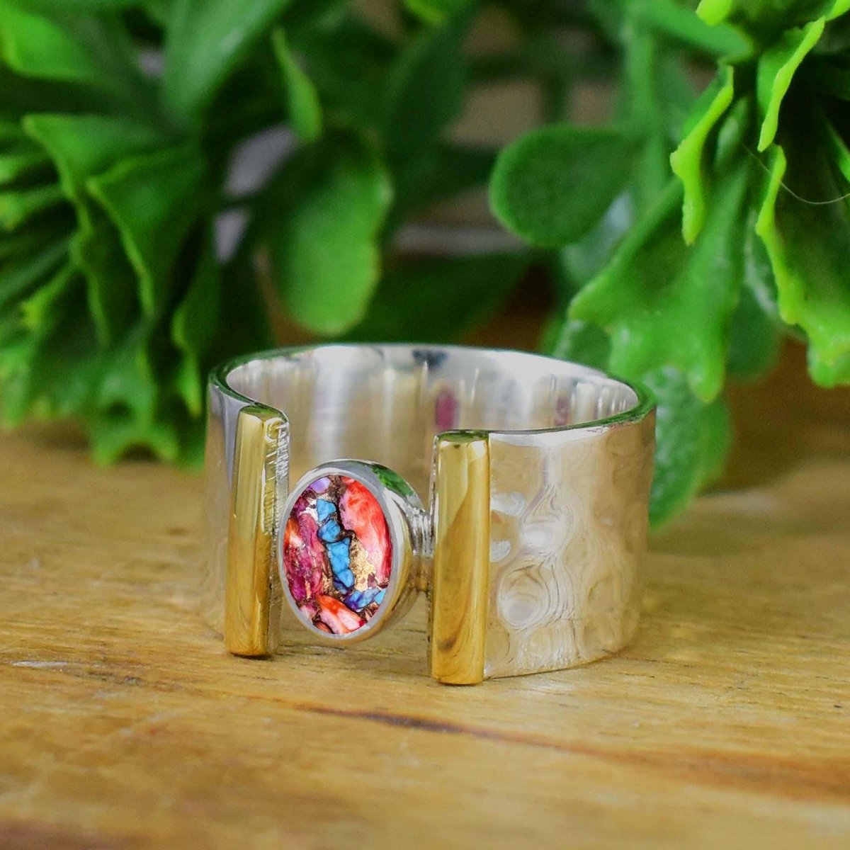 Pink Turquoise Ring Band By Bohosterlingcart, Birthstone Ring, Hammered Silver Ring, Wide Band Ring, Gift For Her, Wide Band Ring R - 0110 - BeadsBoatInc