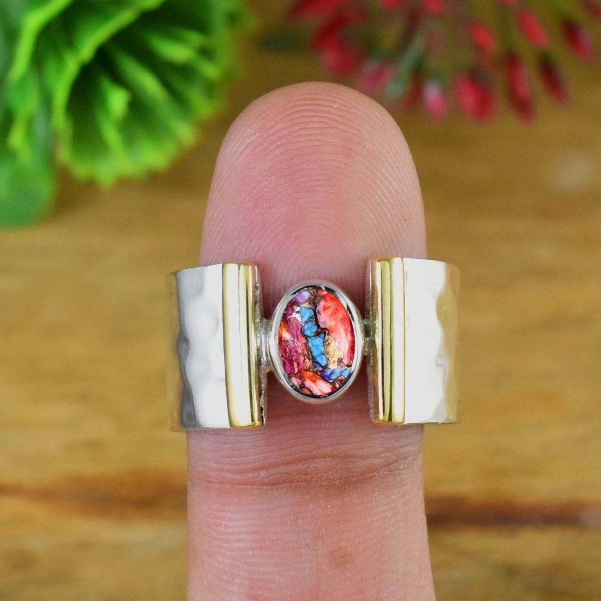 Pink Turquoise Ring Band By Bohosterlingcart, Birthstone Ring, Hammered Silver Ring, Wide Band Ring, Gift For Her, Wide Band Ring R - 0110 - BeadsBoatInc