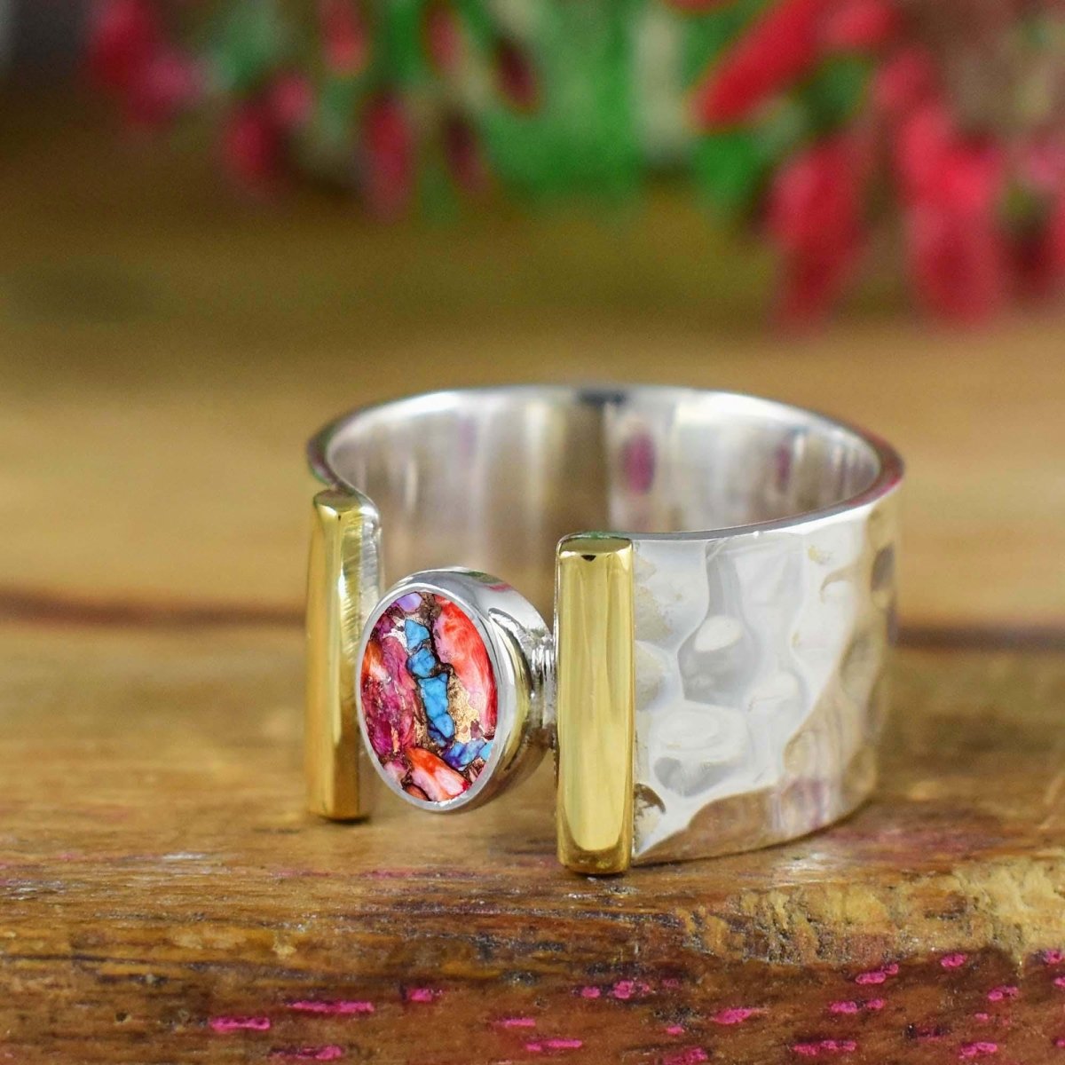 Pink Turquoise Ring Band By Bohosterlingcart, Birthstone Ring, Hammered Silver Ring, Wide Band Ring, Gift For Her, Wide Band Ring R - 0110 - BeadsBoatInc