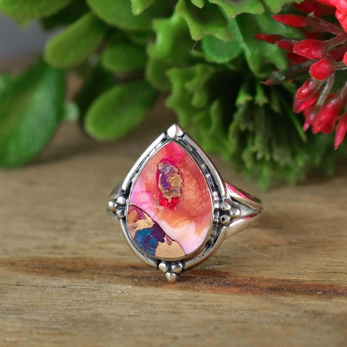 Pink Turquoise Silver Ring ~ Boho Silver Ring ~ Statement Ring ~ Chunky Ring Band ~ Ring for Women ~ Birthday Gift for Her ~ R - 0116 - BeadsBoatInc