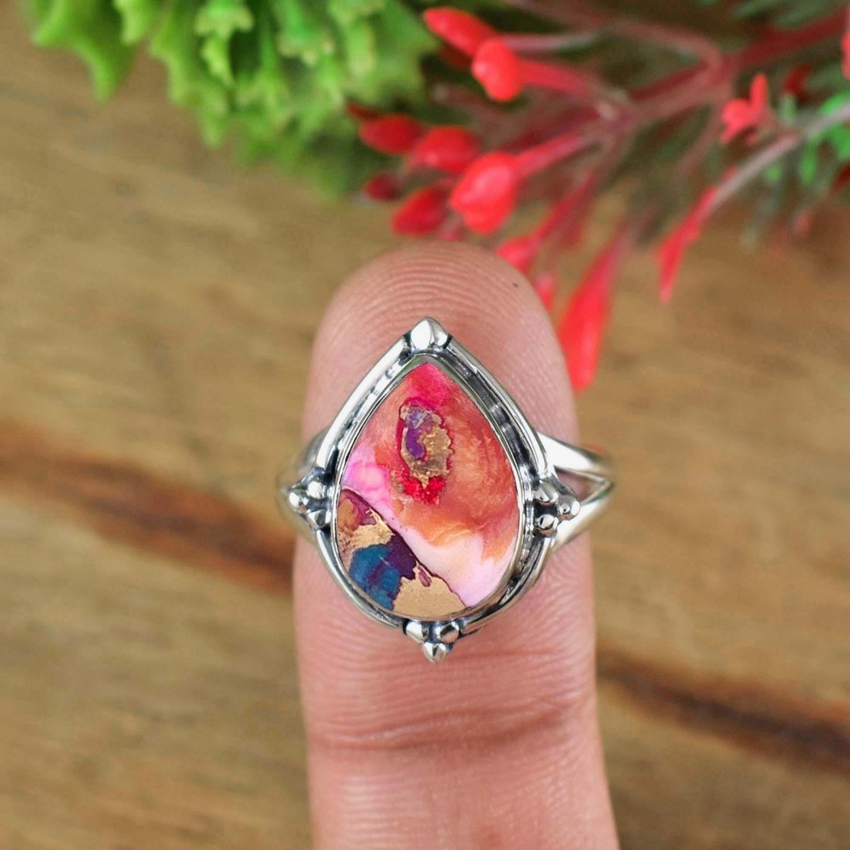 Pink Turquoise Silver Ring ~ Boho Silver Ring ~ Statement Ring ~ Chunky Ring Band ~ Ring for Women ~ Birthday Gift for Her ~ R - 0116 - BeadsBoatInc