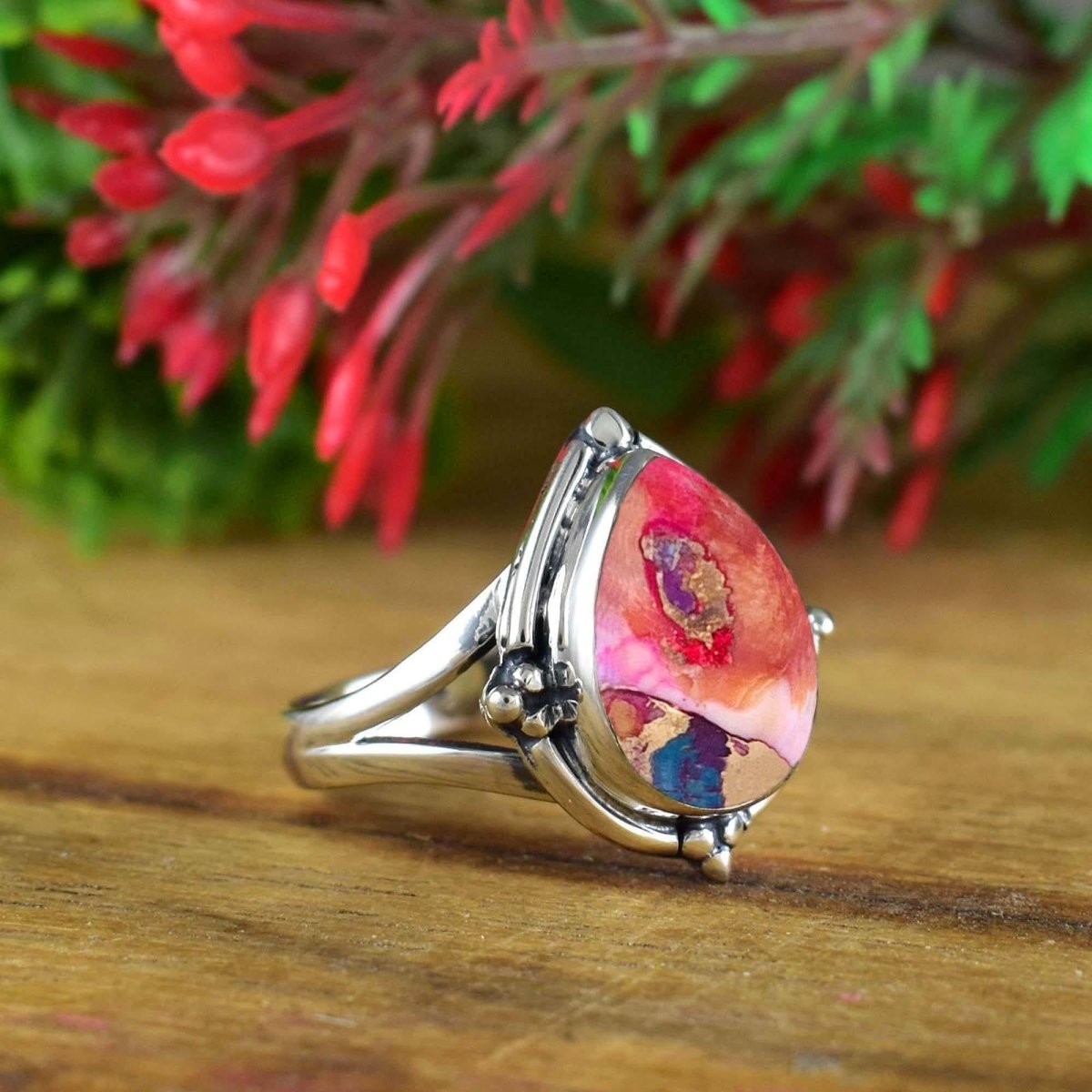 Pink Turquoise Silver Ring ~ Boho Silver Ring ~ Statement Ring ~ Chunky Ring Band ~ Ring for Women ~ Birthday Gift for Her ~ R - 0116 - BeadsBoatInc