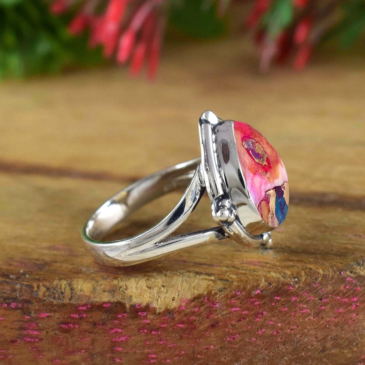 Pink Turquoise Silver Ring ~ Boho Silver Ring ~ Statement Ring ~ Chunky Ring Band ~ Ring for Women ~ Birthday Gift for Her ~ R - 0116 - BeadsBoatInc