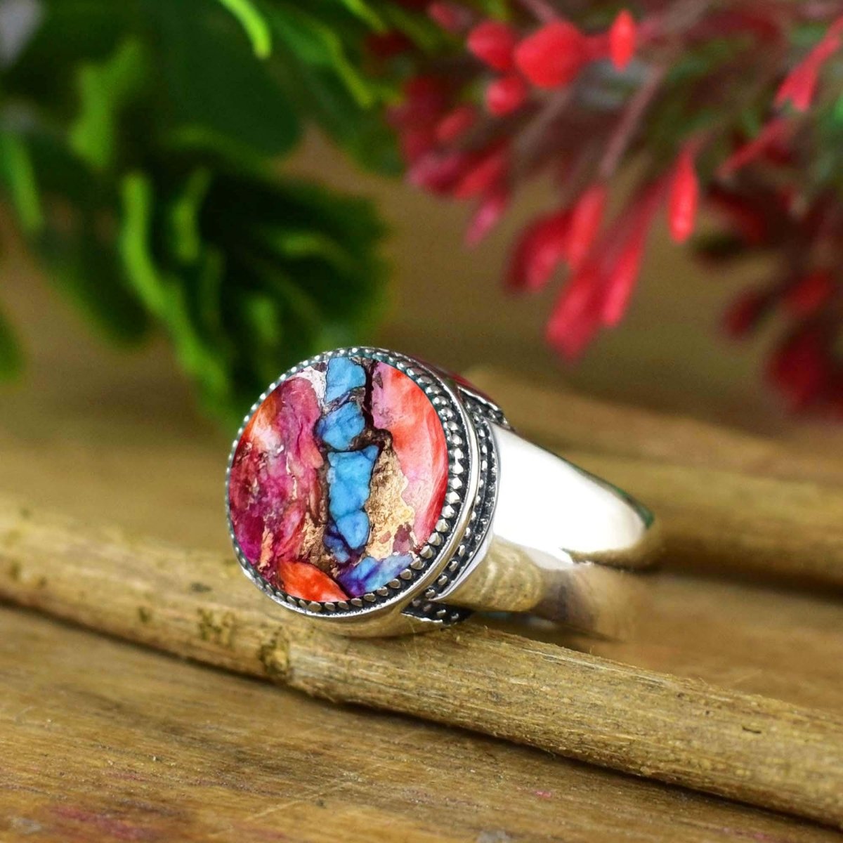 Pink Turquoise Silver Ring ~ Solitaire Statement Ring ~ Handmade Boho Silver Ring Band ~ Round Stone Ring For Men & Women ~ R - 0107 - BeadsBoatInc