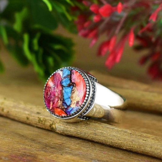 Pink Turquoise Silver Ring ~ Solitaire Statement Ring ~ Handmade Boho Silver Ring Band ~ Round Stone Ring For Men & Women ~ R - 0107 - BeadsBoatInc