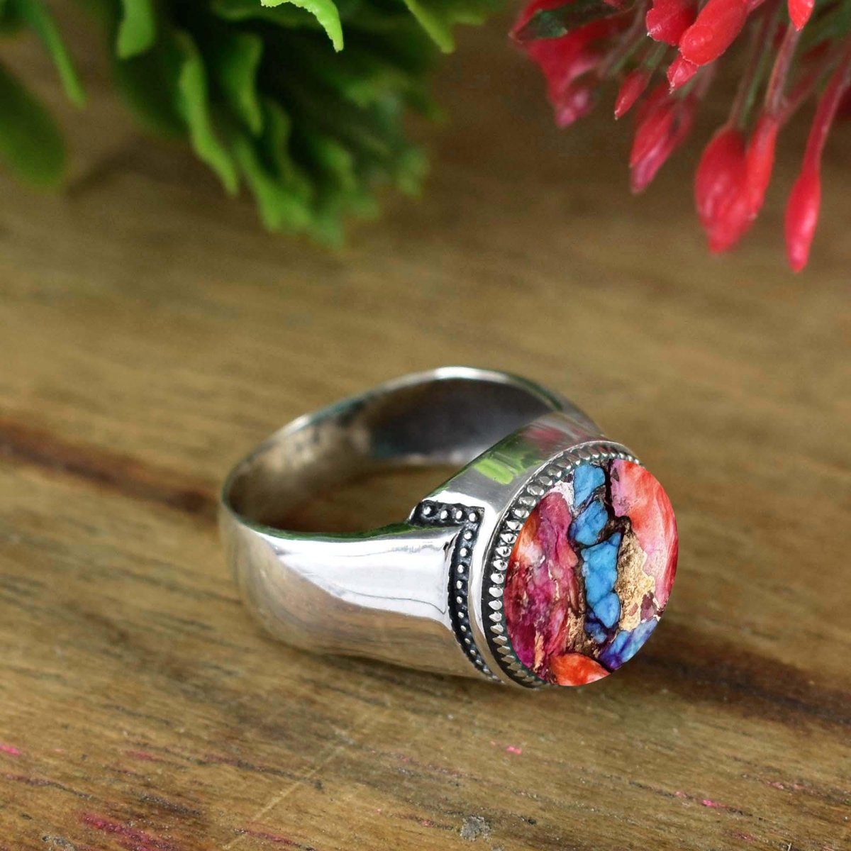 Pink Turquoise Silver Ring ~ Solitaire Statement Ring ~ Handmade Boho Silver Ring Band ~ Round Stone Ring For Men & Women ~ R - 0107 - BeadsBoatInc