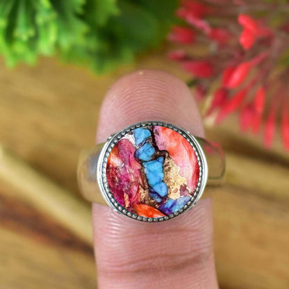 Pink Turquoise Silver Ring ~ Solitaire Statement Ring ~ Handmade Boho Silver Ring Band ~ Round Stone Ring For Men & Women ~ R - 0107 - BeadsBoatInc