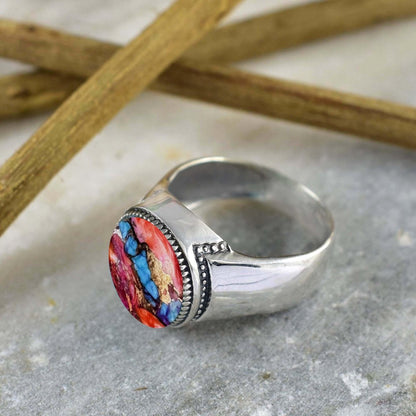 Pink Turquoise Silver Ring ~ Solitaire Statement Ring ~ Handmade Boho Silver Ring Band ~ Round Stone Ring For Men & Women ~ R - 0107 - BeadsBoatInc