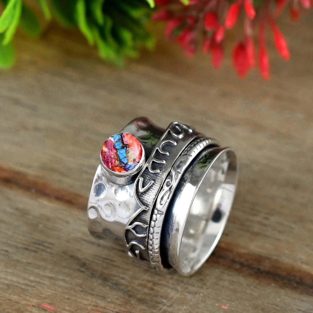 Pink Turquoise Spinner Ring Band ~ 925 Silver Fidget Ring Band ~ Spinning Wide Band ~ Boho Spinner Ring ~ Hammered Band For Her ~ R - 0100 - BeadsBoatInc