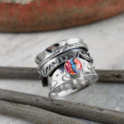 Pink Turquoise Spinner Ring Band ~ 925 Silver Fidget Ring Band ~ Spinning Wide Band ~ Boho Spinner Ring ~ Hammered Band For Her ~ R - 0100 - BeadsBoatInc