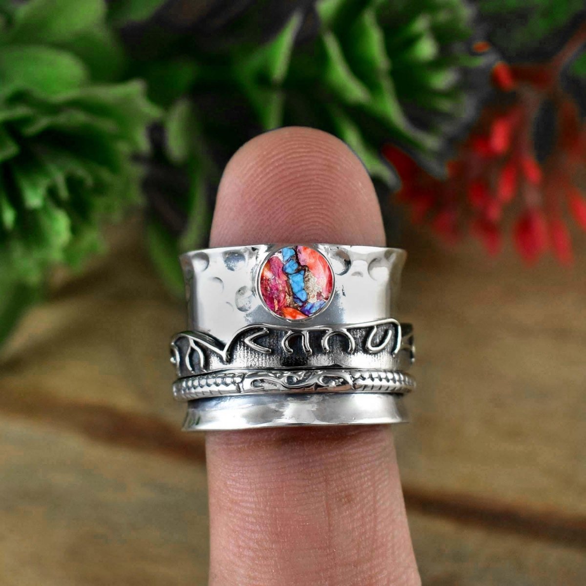 Pink Turquoise Spinner Ring Band ~ 925 Silver Fidget Ring Band ~ Spinning Wide Band ~ Boho Spinner Ring ~ Hammered Band For Her ~ R - 0100 - BeadsBoatInc