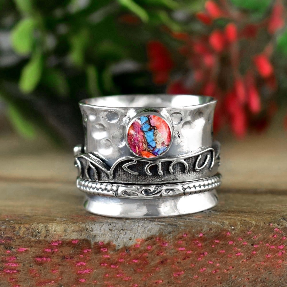Pink Turquoise Spinner Ring Band ~ 925 Silver Fidget Ring Band ~ Spinning Wide Band ~ Boho Spinner Ring ~ Hammered Band For Her ~ R - 0100 - BeadsBoatInc