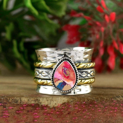 Pink Turquoise Spinner Ring ~ Hammered Ring ~ Silver Fidget Ring ~ Wide Silver Band ~ Wedding Ring ~ Statement Ring ~ Gift For Her ~ R - 0123 - BeadsBoatInc