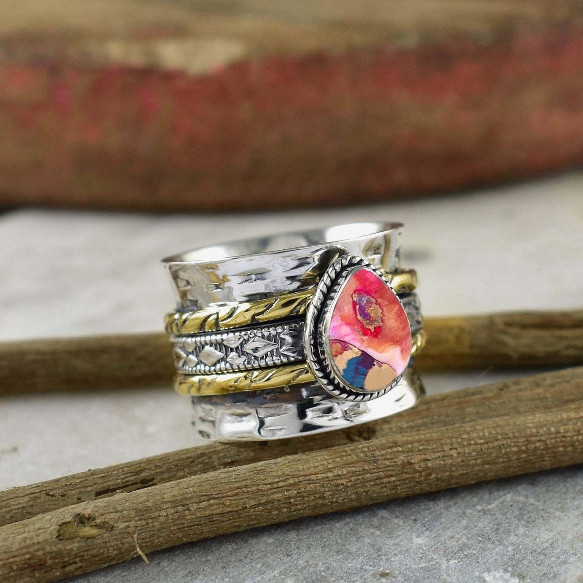 Pink Turquoise Spinner Ring ~ Hammered Ring ~ Silver Fidget Ring ~ Wide Silver Band ~ Wedding Ring ~ Statement Ring ~ Gift For Her ~ R - 0123 - BeadsBoatInc
