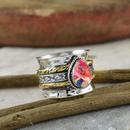 Pink Turquoise Spinner Ring ~ Hammered Ring ~ Silver Fidget Ring ~ Wide Silver Band ~ Wedding Ring ~ Statement Ring ~ Gift For Her ~ R - 0123 - BeadsBoatInc