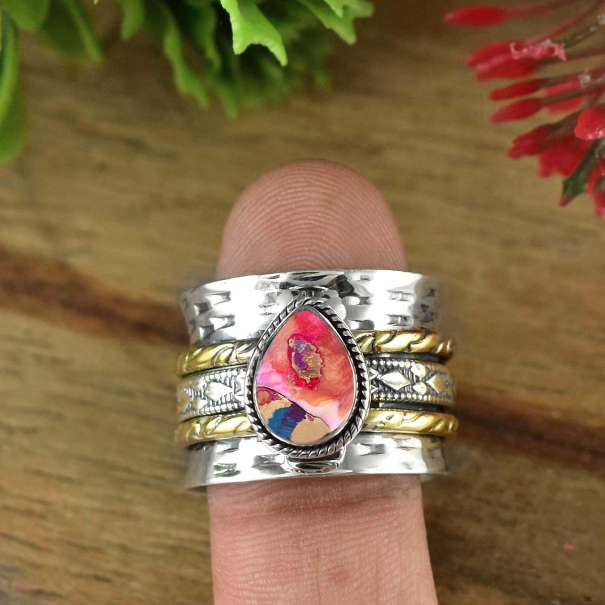 Pink Turquoise Spinner Ring ~ Hammered Ring ~ Silver Fidget Ring ~ Wide Silver Band ~ Wedding Ring ~ Statement Ring ~ Gift For Her ~ R - 0123 - BeadsBoatInc