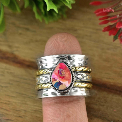 Pink Turquoise Spinner Ring ~ Hammered Ring ~ Silver Fidget Ring ~ Wide Silver Band ~ Wedding Ring ~ Statement Ring ~ Gift For Her ~ R - 0123 - BeadsBoatInc