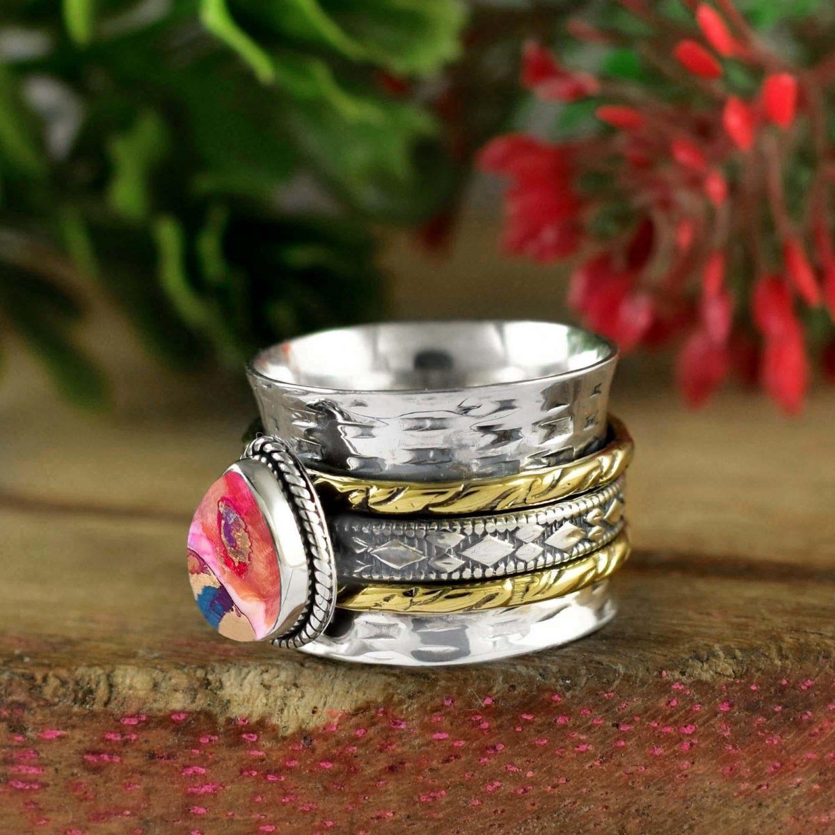 Pink Turquoise Spinner Ring ~ Hammered Ring ~ Silver Fidget Ring ~ Wide Silver Band ~ Wedding Ring ~ Statement Ring ~ Gift For Her ~ R - 0123 - BeadsBoatInc