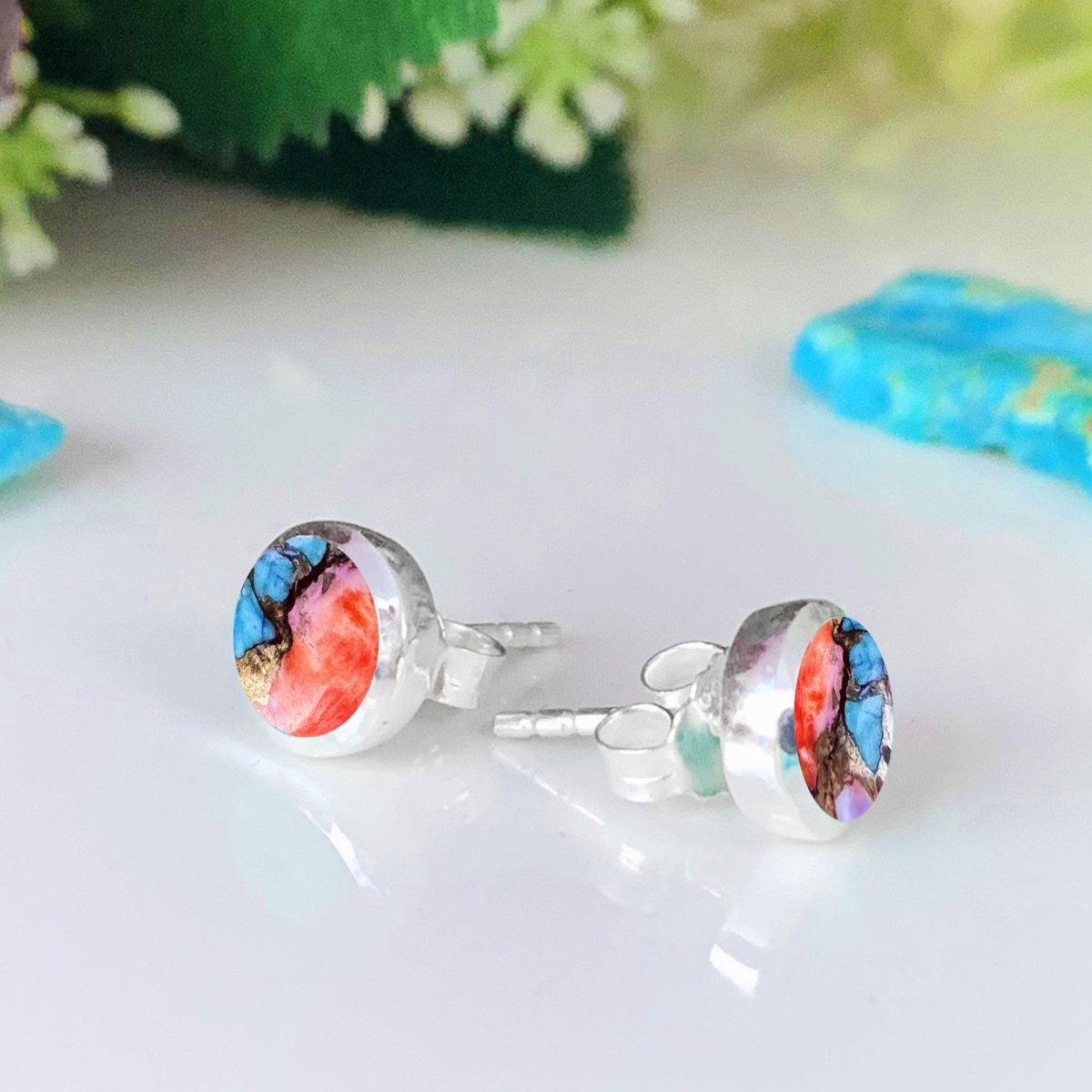 Pink Turquoise Studs Earring ~ Dainty Silver & Gold Silver Studs ~ Simple small studs ~ Round Shape multi color Stone ~ Gift For Her ~ E - 035 - BeadsBoatInc