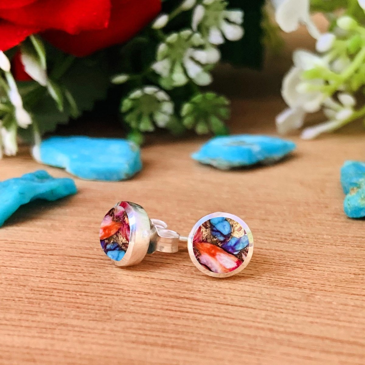 Pink Turquoise Studs Earring ~ Dainty Silver & Gold Silver Studs ~ Simple small studs ~ Round Shape multi color Stone ~ Gift For Her ~ E - 035 - BeadsBoatInc