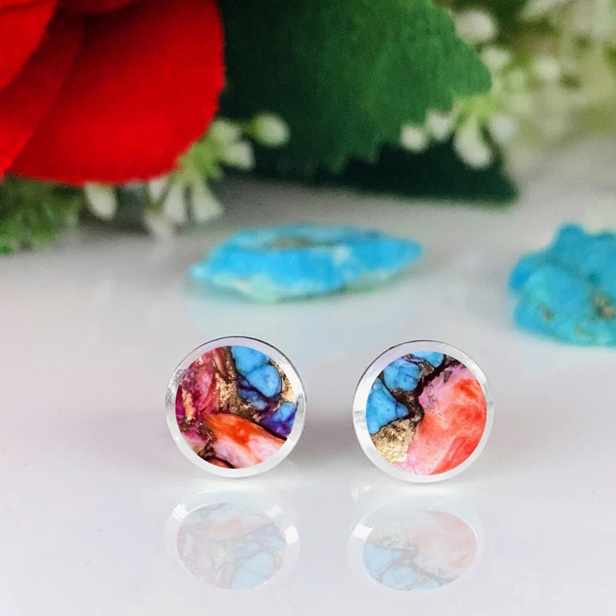 Pink Turquoise Studs Earring ~ Dainty Silver & Gold Silver Studs ~ Simple small studs ~ Round Shape multi color Stone ~ Gift For Her ~ E - 035 - BeadsBoatInc