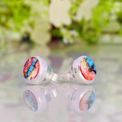 Pink Turquoise Studs Earring ~ Dainty Silver & Gold Silver Studs ~ Simple small studs ~ Round Shape multi color Stone ~ Gift For Her ~ E - 035 - BeadsBoatInc