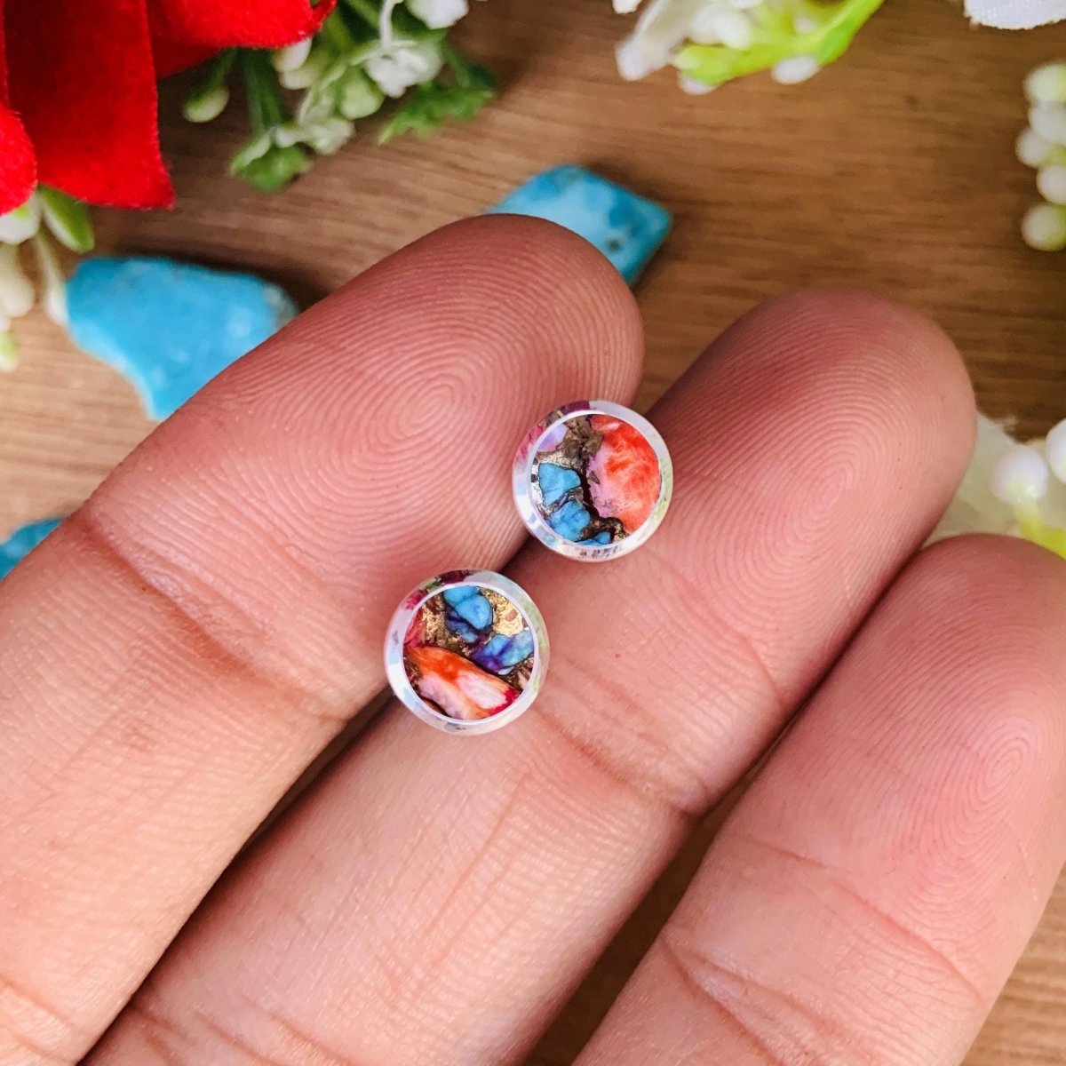 Pink Turquoise Studs Earring ~ Dainty Silver & Gold Silver Studs ~ Simple small studs ~ Round Shape multi color Stone ~ Gift For Her ~ E - 035 - BeadsBoatInc