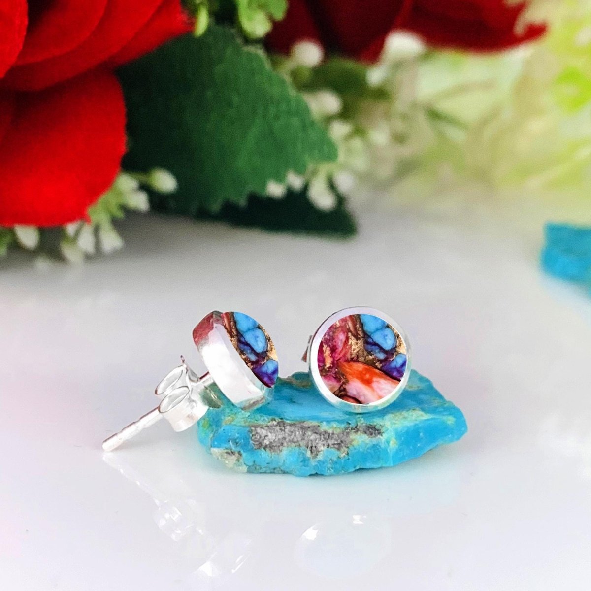 Pink Turquoise Studs Earring ~ Dainty Silver & Gold Silver Studs ~ Simple small studs ~ Round Shape multi color Stone ~ Gift For Her ~ E - 035 - BeadsBoatInc