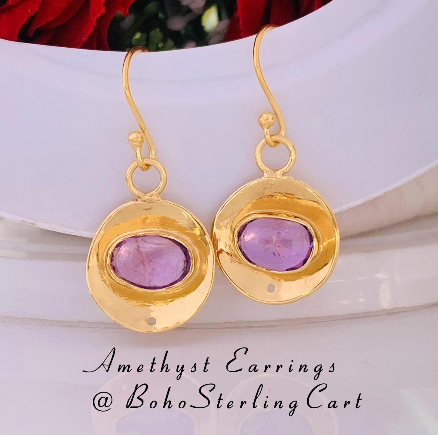 Purple Amethyst Drop & dangle earrings ~ Rosecut Jewelry ~ Silver and Vermeil Gold Jewelry ~ Birthstone Earrings ~ Gift For Her ~ E - 0049 - BeadsBoatInc