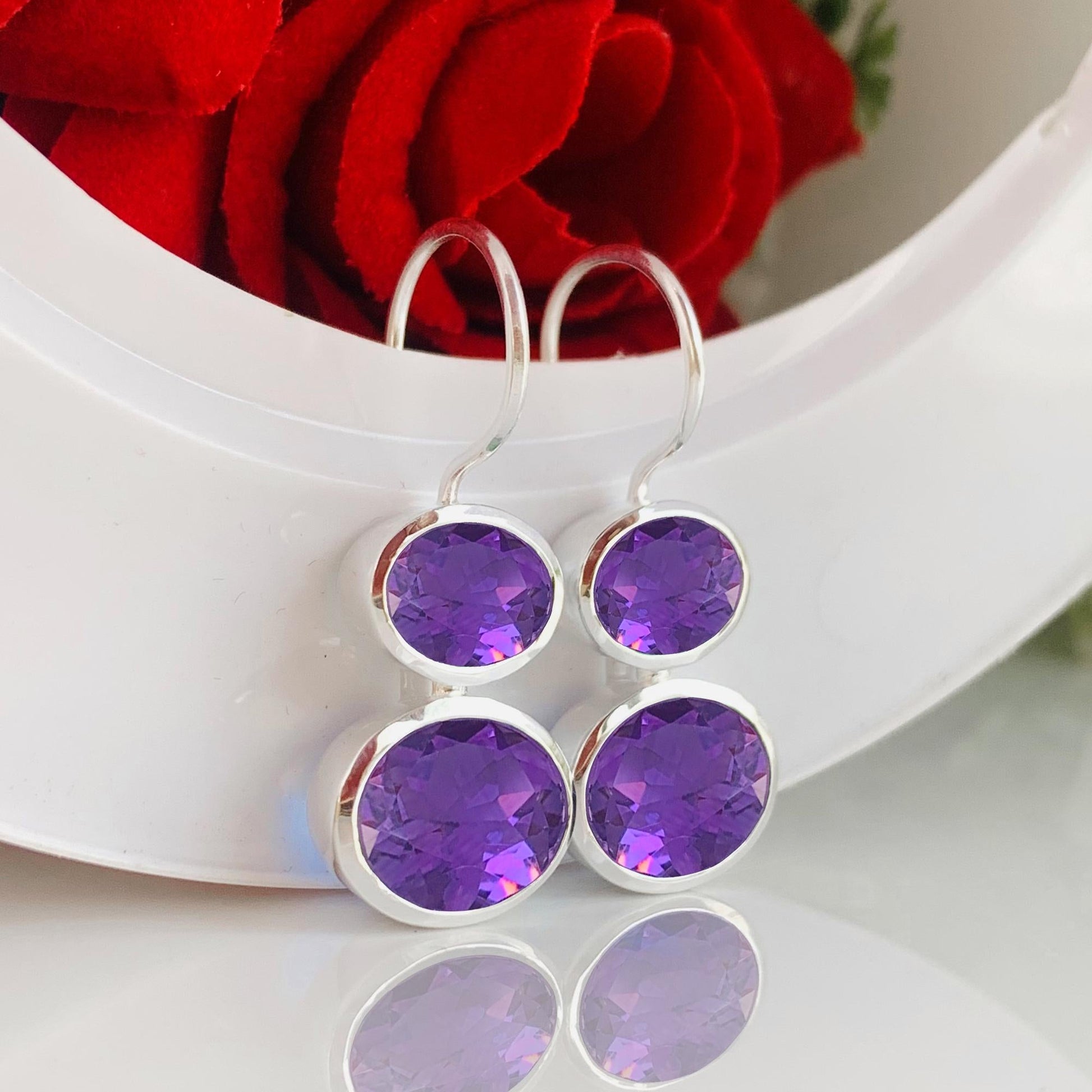 Purple Amethyst Earrings - 925 Sterling Silver Gold Plated Dangle Drops - BeadsBoatInc