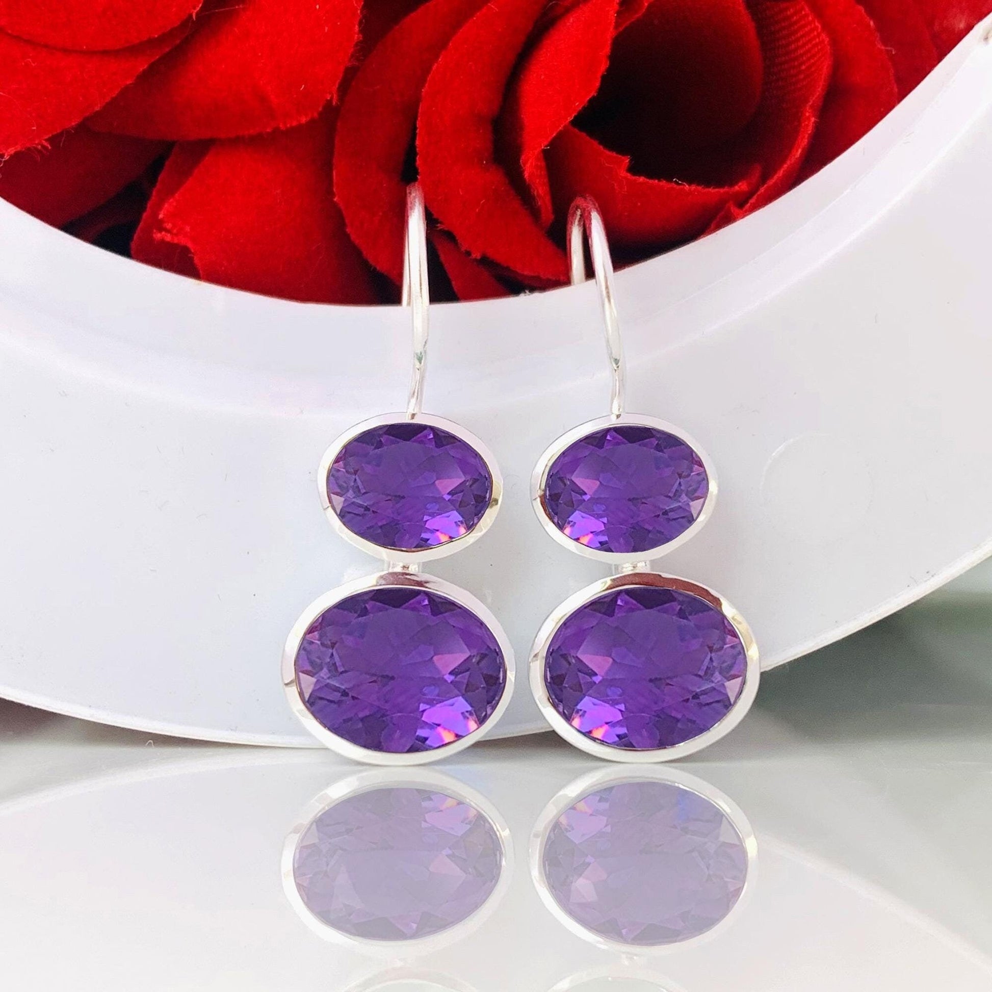 Purple Amethyst Earrings - 925 Sterling Silver Gold Plated Dangle Drops - BeadsBoatInc