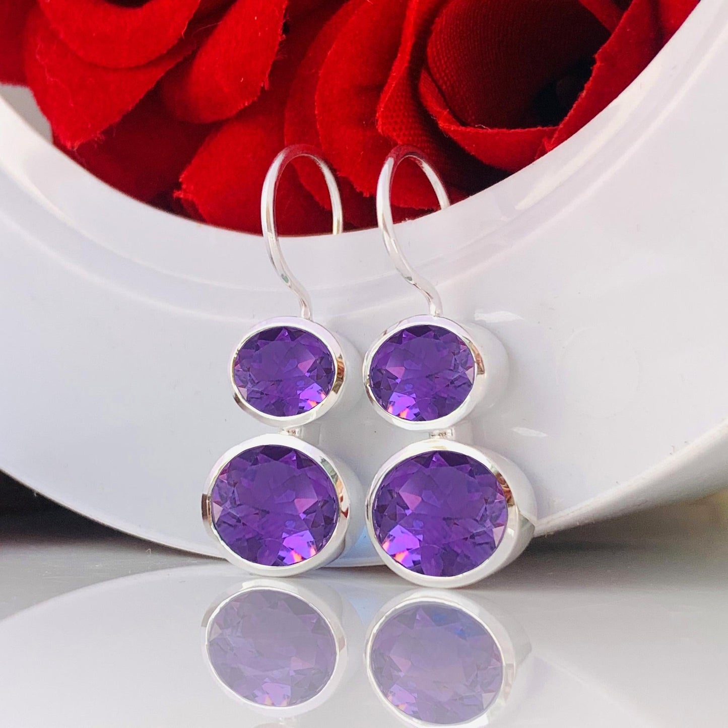 Purple Amethyst Earrings - 925 Sterling Silver Gold Plated Dangle Drops - BeadsBoatInc