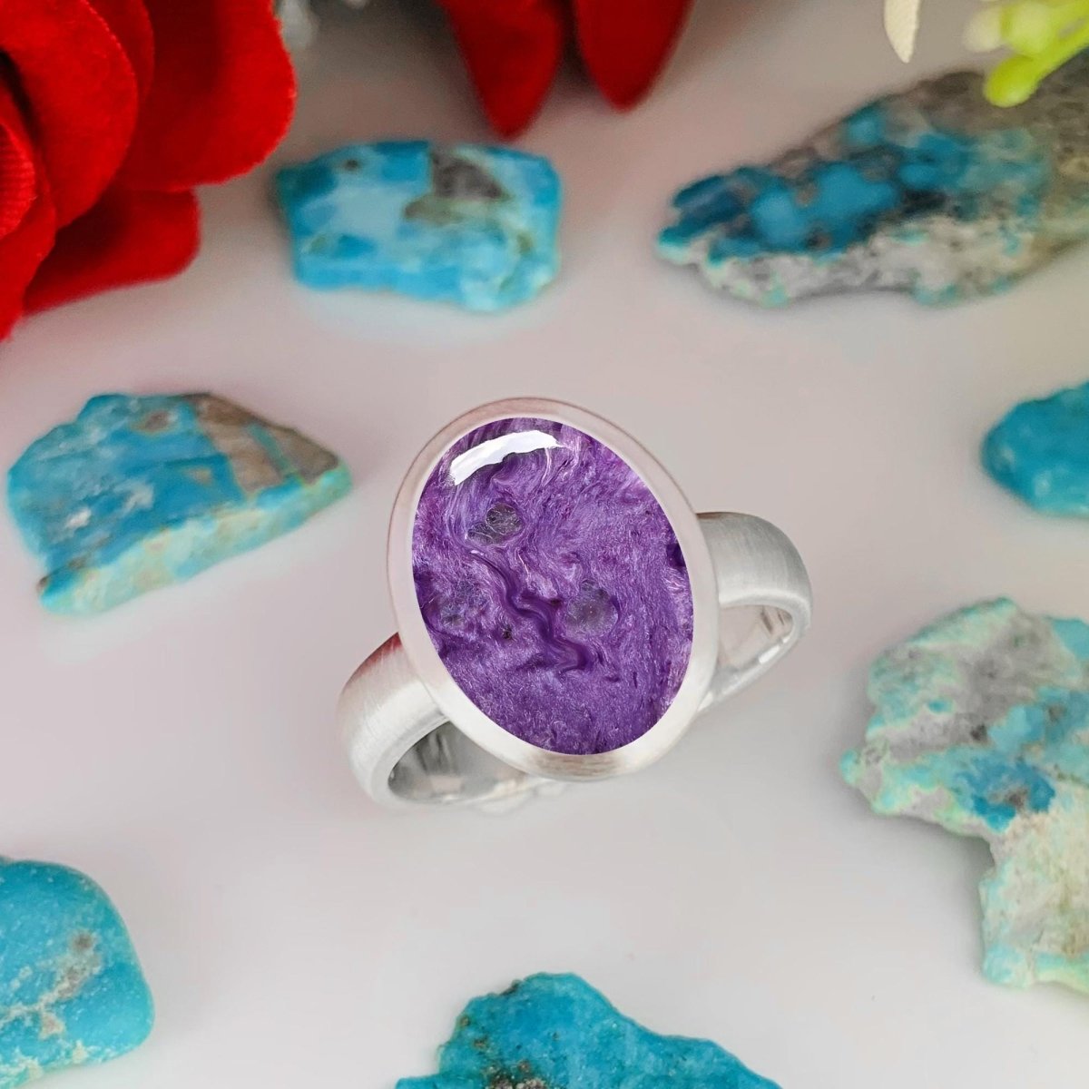 Purple Charoite Ring • Simple and matte finish Solitaire Ring • Classic Silver Ring • For Men and Women • Bold and Stylish • Birthday Gift - BeadsBoatInc