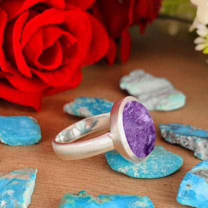 Purple Charoite Ring • Simple and matte finish Solitaire Ring • Classic Silver Ring • For Men and Women • Bold and Stylish • Birthday Gift - BeadsBoatInc