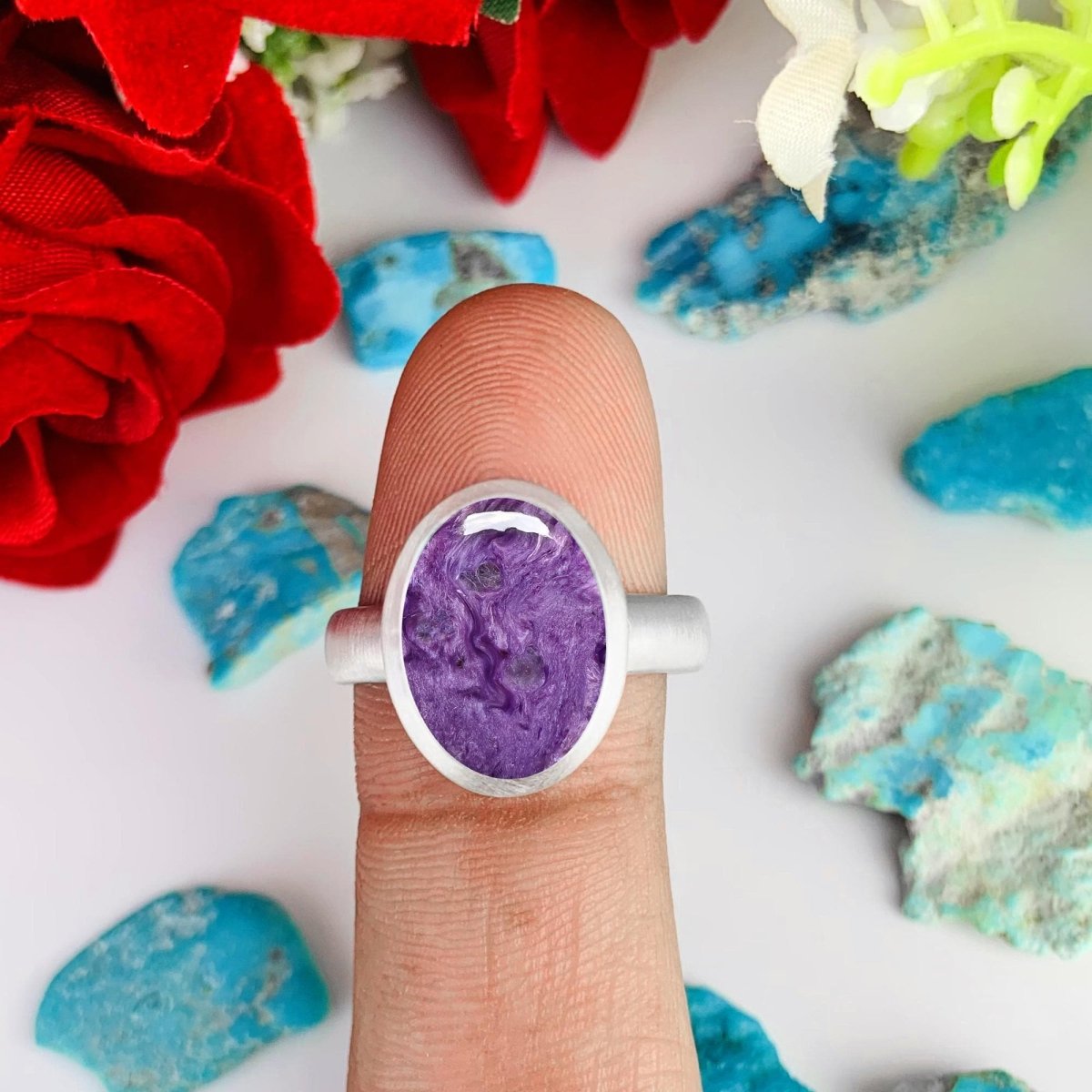 Purple Charoite Ring • Simple and matte finish Solitaire Ring • Classic Silver Ring • For Men and Women • Bold and Stylish • Birthday Gift - BeadsBoatInc