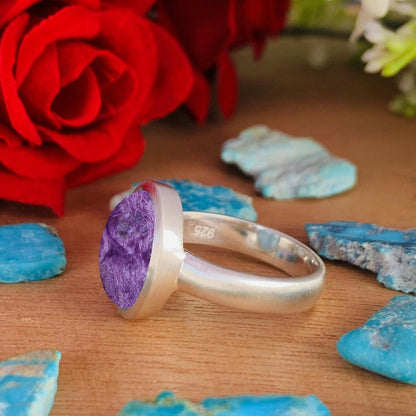 Purple Charoite Ring • Simple and matte finish Solitaire Ring • Classic Silver Ring • For Men and Women • Bold and Stylish • Birthday Gift - BeadsBoatInc