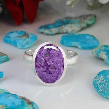 Purple Charoite Ring • Simple and matte finish Solitaire Ring • Classic Silver Ring • For Men and Women • Bold and Stylish • Birthday Gift - BeadsBoatInc