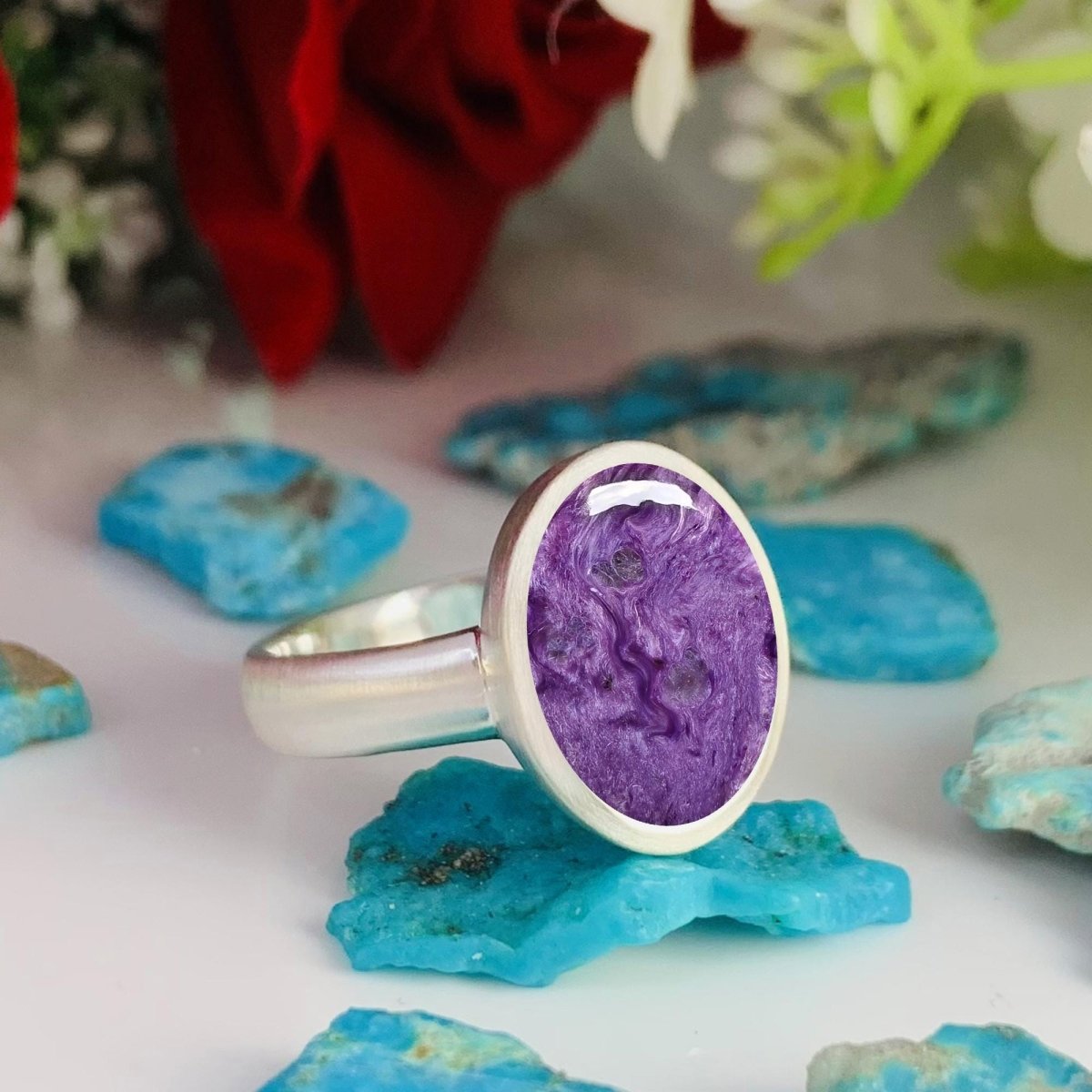 Purple Charoite Ring • Simple and matte finish Solitaire Ring • Classic Silver Ring • For Men and Women • Bold and Stylish • Birthday Gift - BeadsBoatInc