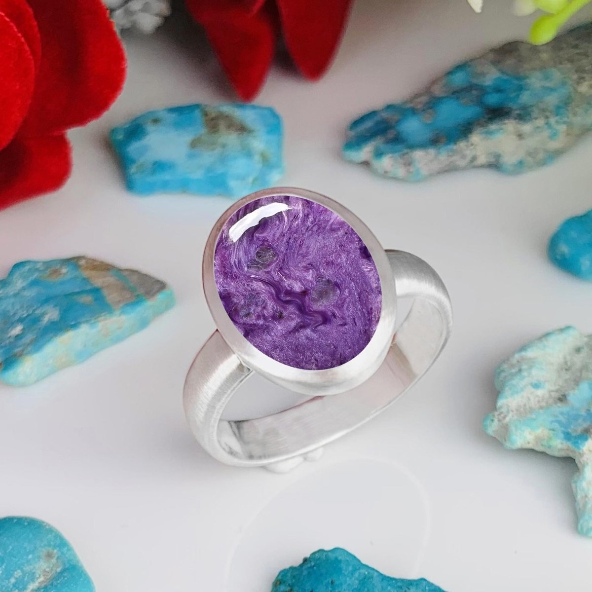 Purple Charoite Ring • Simple and matte finish Solitaire Ring • Classic Silver Ring • For Men and Women • Bold and Stylish • Birthday Gift - BeadsBoatInc