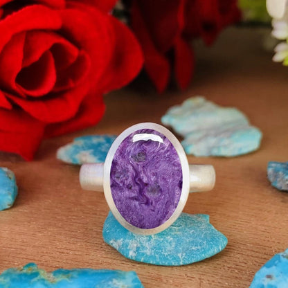 Purple Charoite Ring • Simple and matte finish Solitaire Ring • Classic Silver Ring • For Men and Women • Bold and Stylish • Birthday Gift - BeadsBoatInc