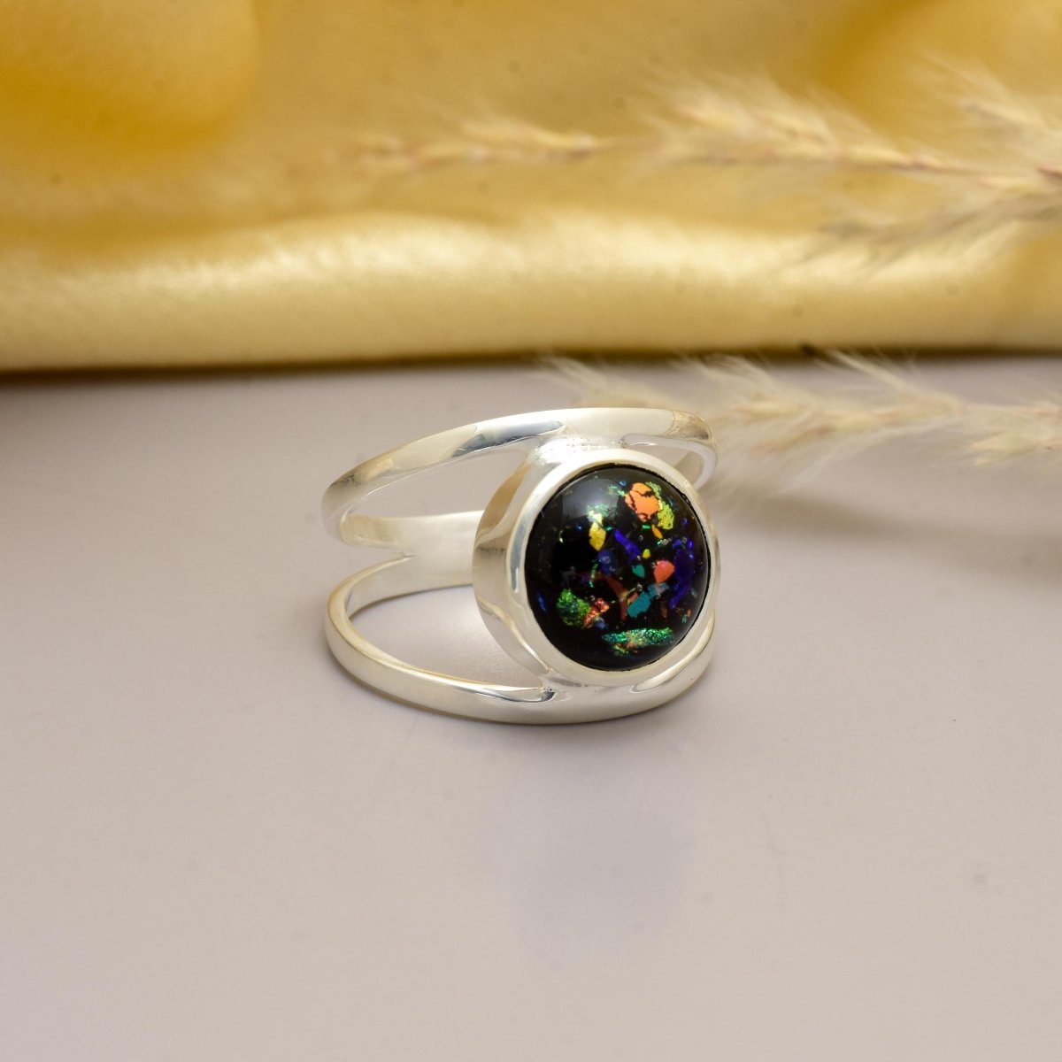Rainbow Glow Dichroic Glass Ring - 925 Sterling Silver Colorful Artisan Jewelry - BeadsBoatInc