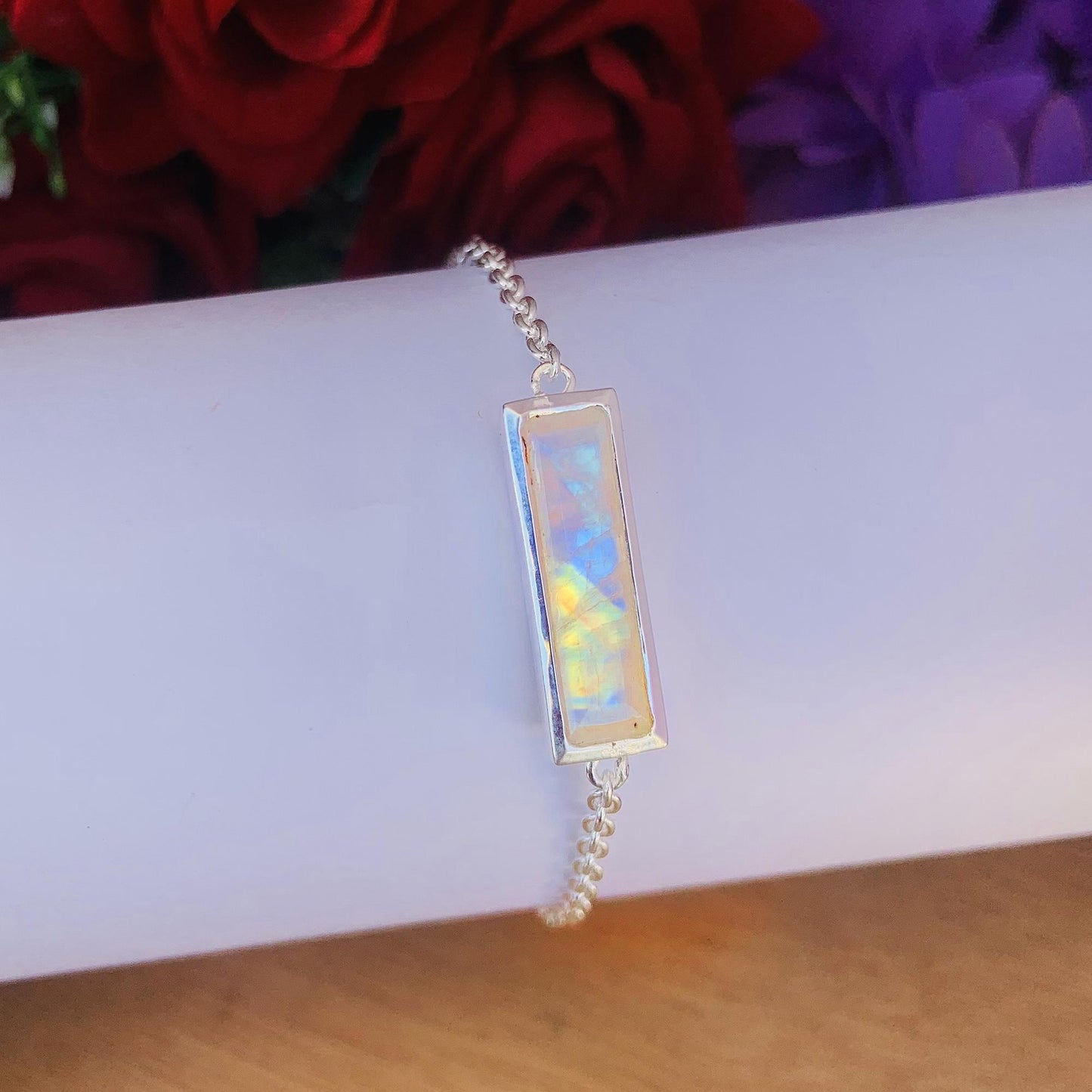 Rainbow Moonstone Bracelet ~ Dainty Sterling Silver Bracelet ~ ~ B - 0002 - BeadsBoatInc