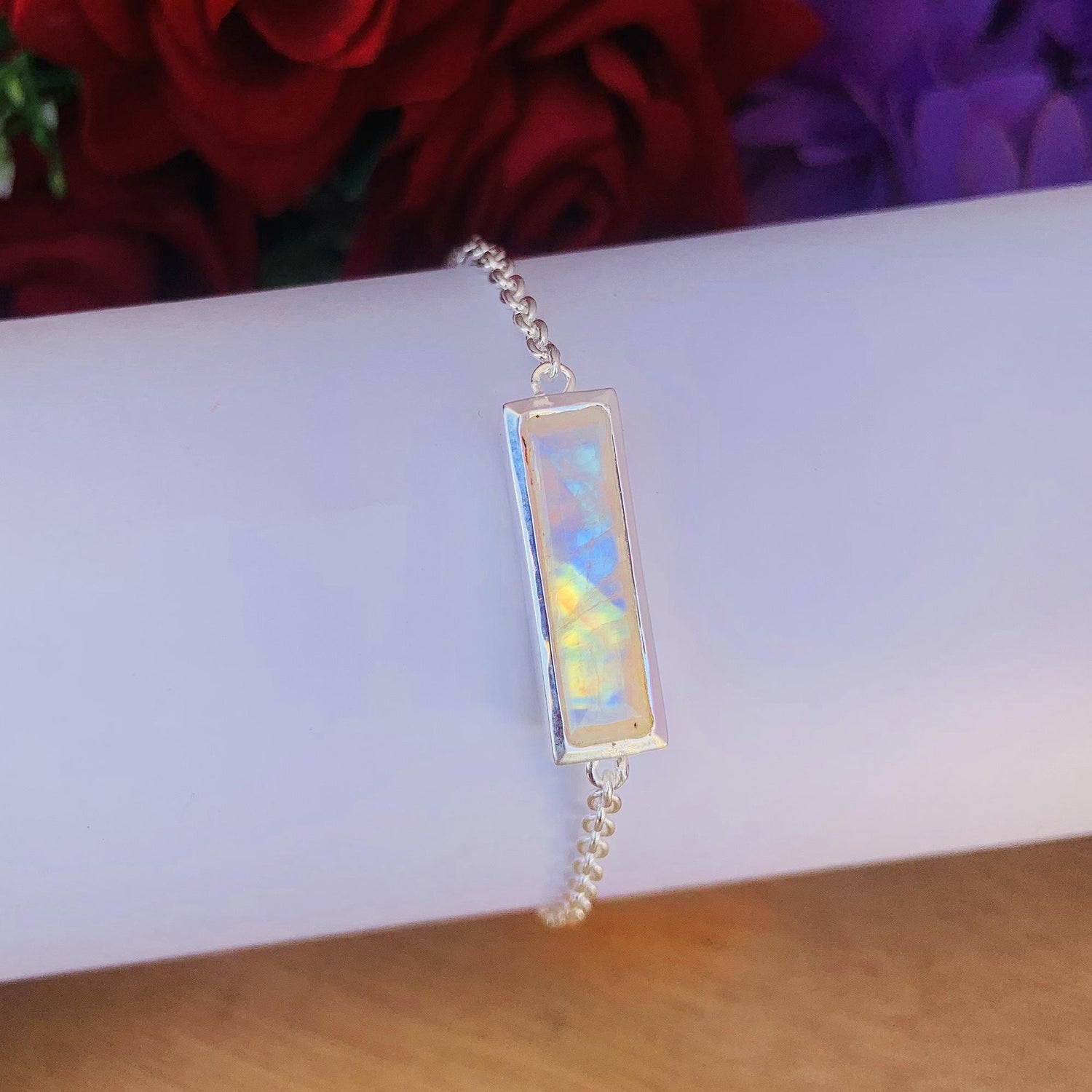 Rainbow Moonstone Bracelet ~ Dainty Sterling Silver Bracelet ~ ~ B - 0002 - BeadsBoatInc