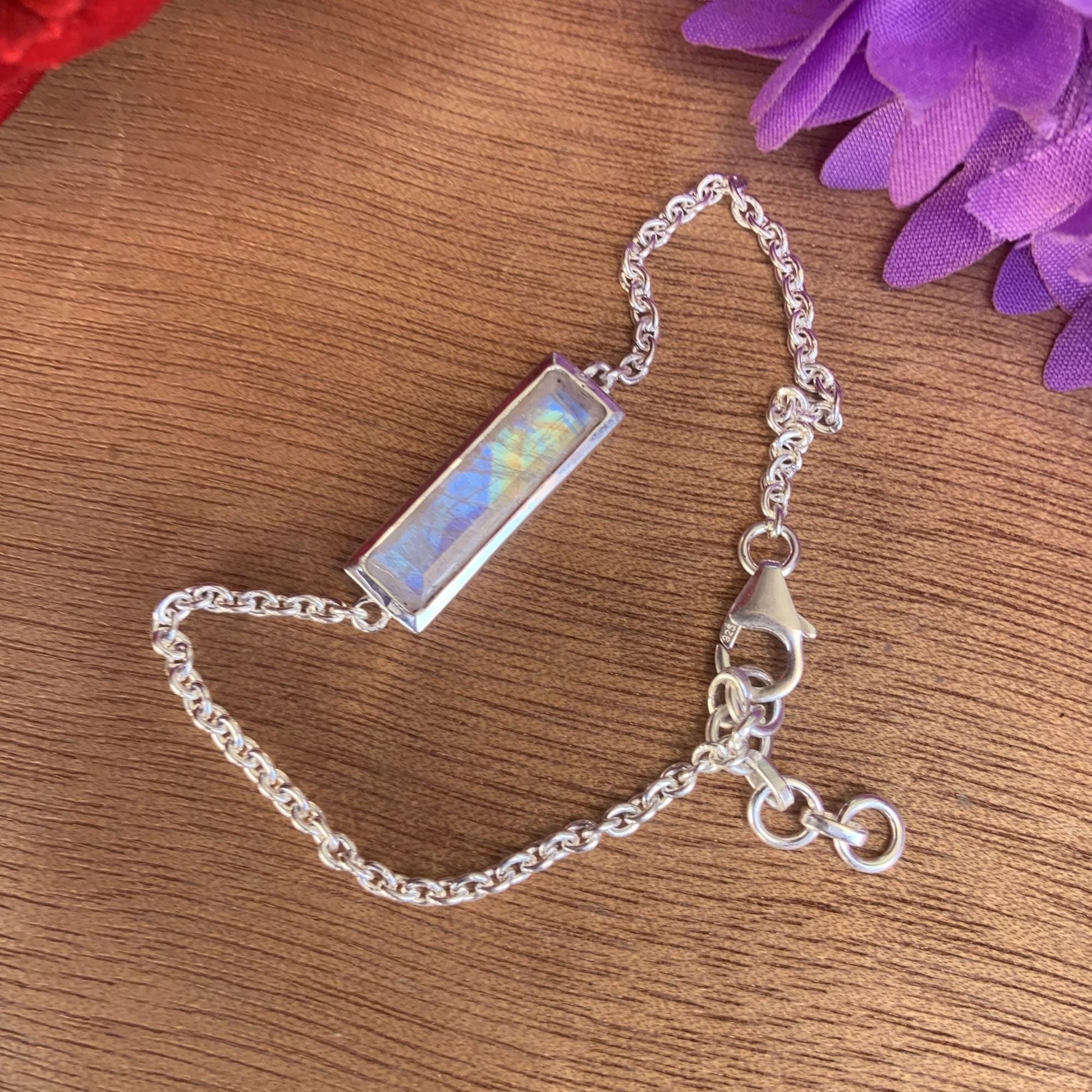 Rainbow Moonstone Bracelet ~ Dainty Sterling Silver Bracelet ~ ~ B - 0002 - BeadsBoatInc